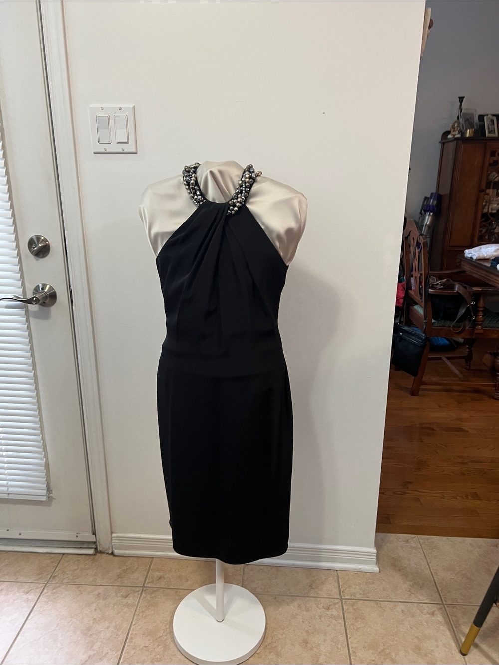 Carmen Marc Valvo Black One-Shoulder Beaded Halter Dress